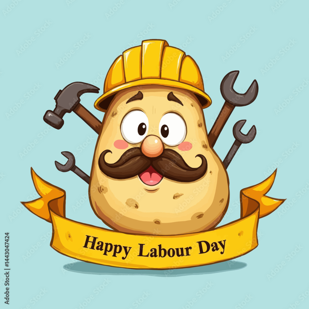 Cartoon Potato Celebrates Labour Day with Tools and Hard Hat