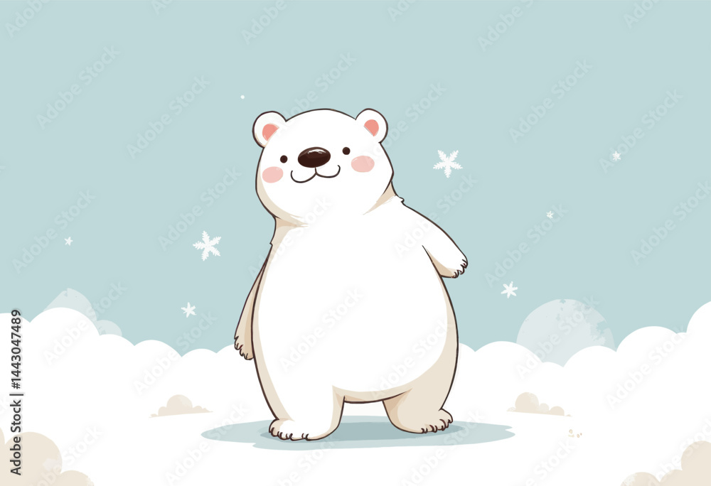 Cartoon Polar Bear with Snowflakes on Light Blue