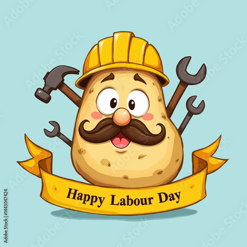 Cartoon Potato Celebrates Labour Day with Tools and Hard Hat