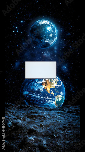 Cosmic landscape showing two planets against a starry backdrop seen from a rocky lunar surface