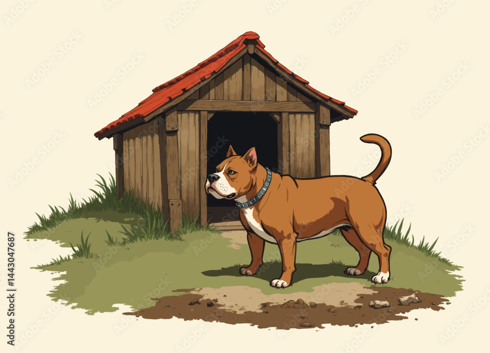 Cartoon Pitbull in Front of Wooden Doghouse