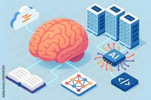 Isometric 3D Illustration of Human Brain Connected to AI System – Educational Tech Concept