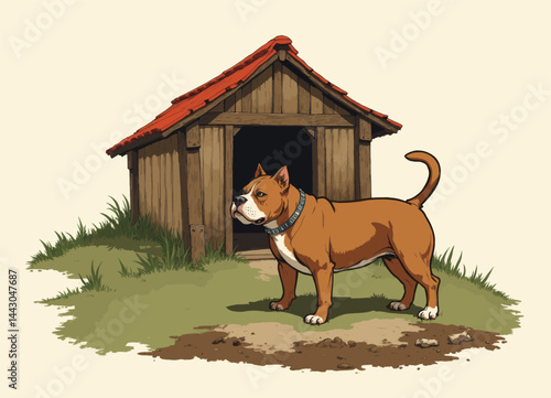 Obraz na płótnie Cartoon Pitbull in Front of Wooden Doghouse w salonie