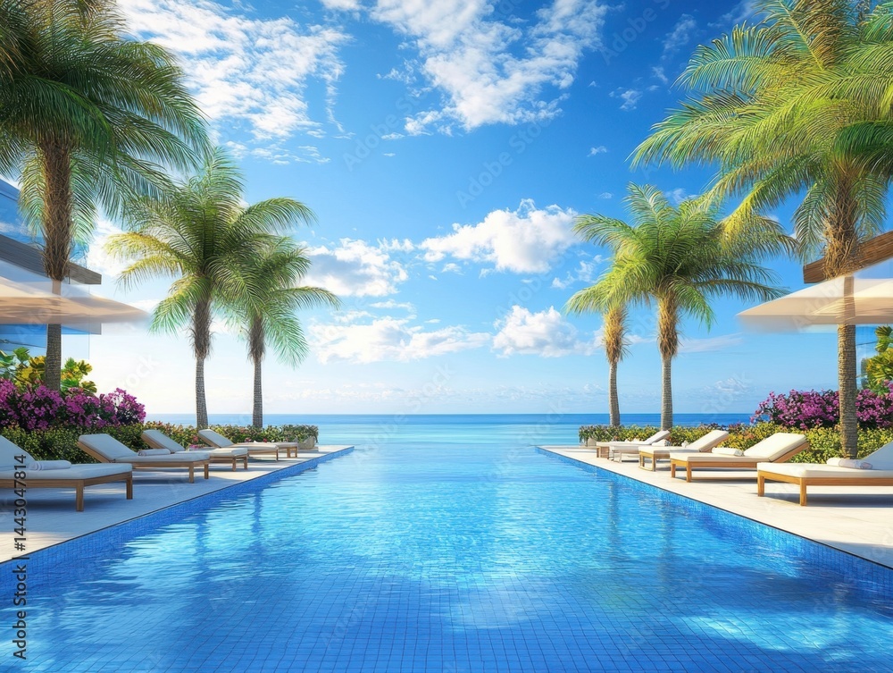 Serene infinity pool reflecting blue sky and palm trees creating a luxurious tropical vacation destination with relaxing lounge chairs and tranquil ocean view Serene infinity pool reflecting blue sky and palm trees creating a luxurious tropical vacation destination with relaxing lounge chairs and tranquil ocean view