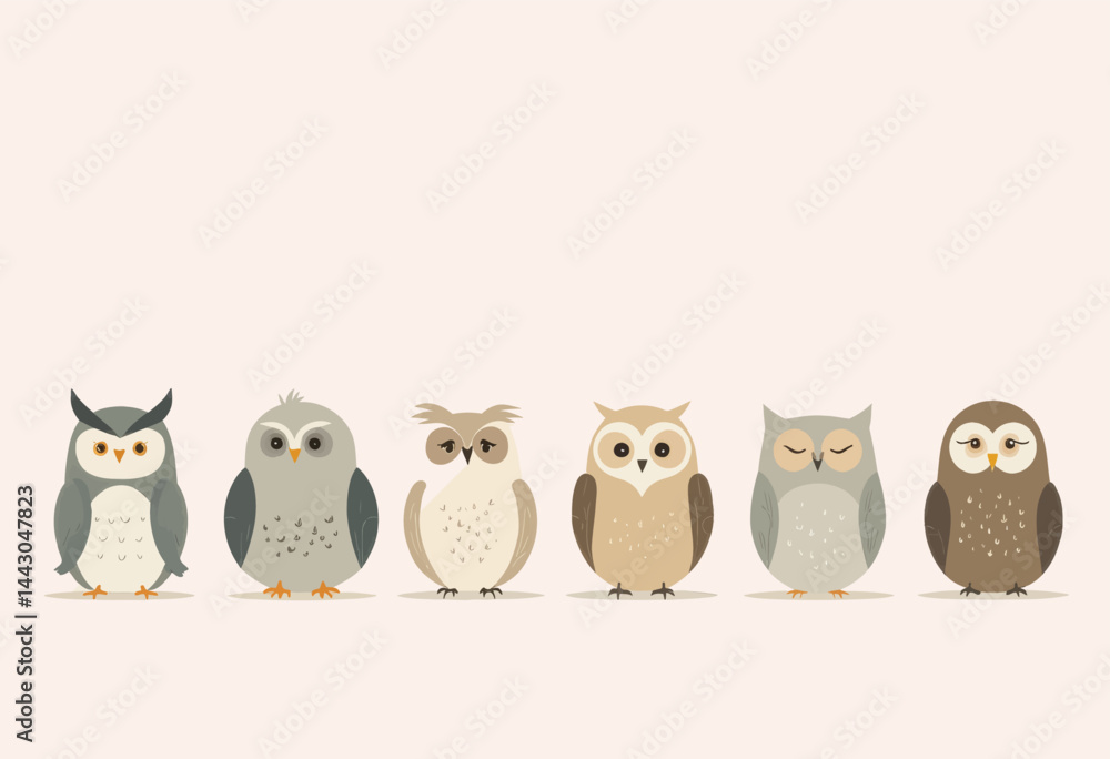 Cartoon Owls in a Row, Beige Background