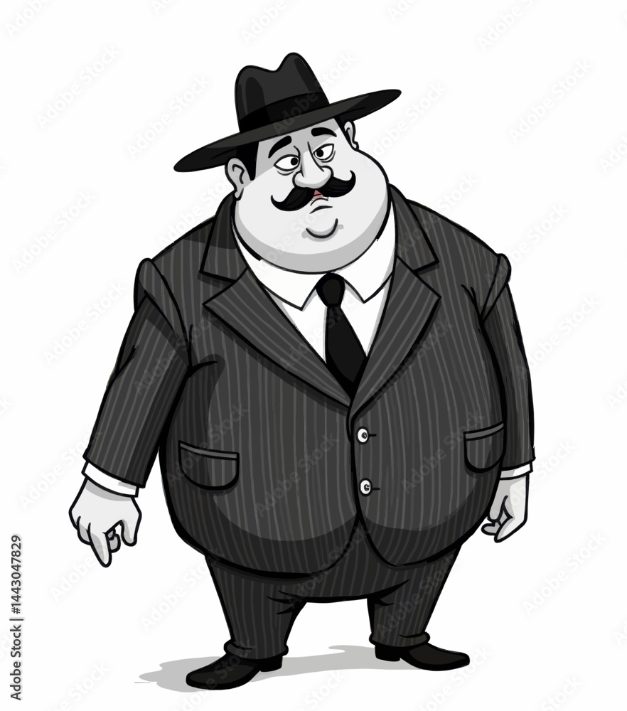 Cartoon mobster in pinstripe suit and fedora