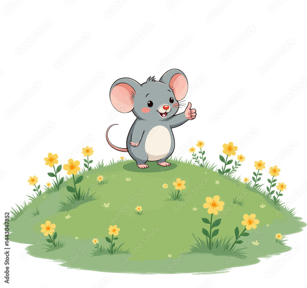Cartoon mouse giving thumbs up on grassy hill with flowers