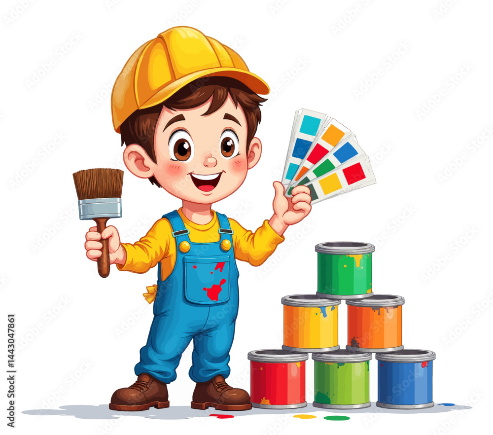 Cartoon Painter Boy with Brush, Color Swatches, and Paint Cans