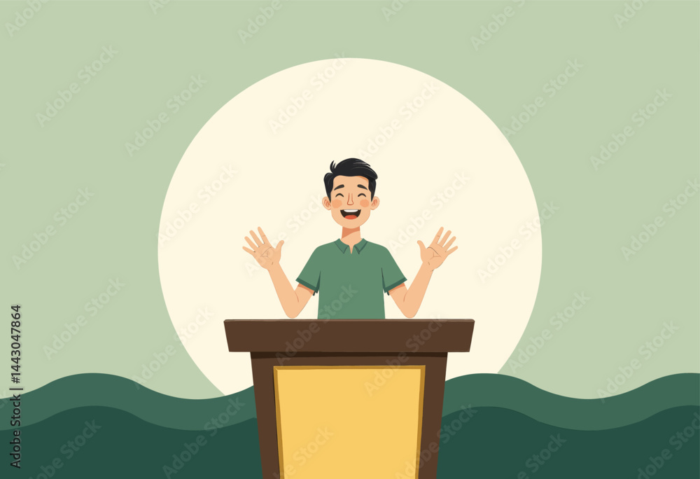Cartoon Man Giving Speech at Podium with Open Arms
