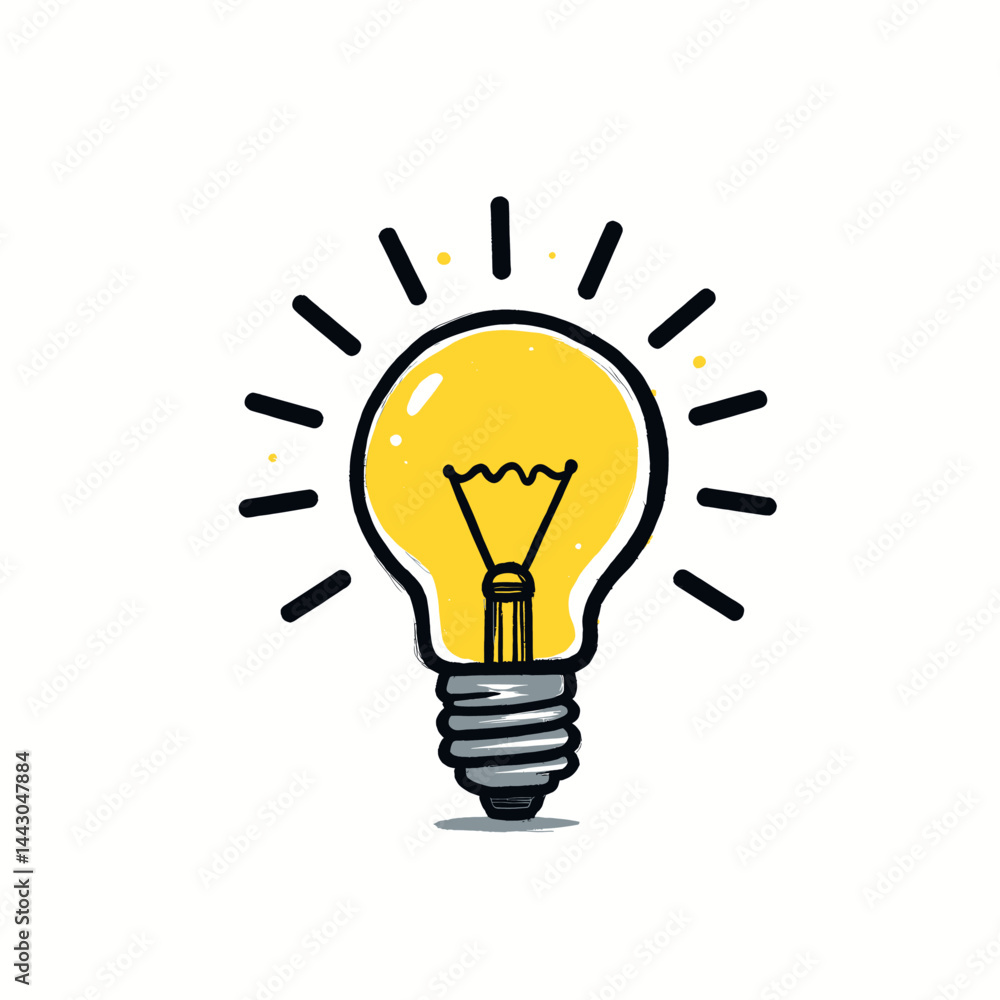 Cartoon lightbulb idea with radiating lines on white