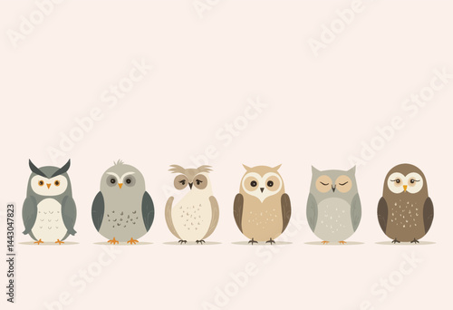 Obraz na płótnie Cartoon Owls in a Row, Beige Background w salonie