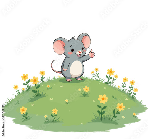 Obraz na płótnie Cartoon mouse giving thumbs up on grassy hill with flowers w salonie