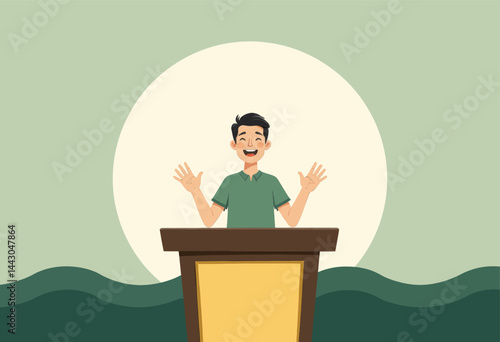 Obraz na płótnie Cartoon Man Giving Speech at Podium with Open Arms w salonie