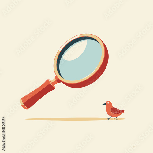 Obraz na płótnie Cartoon Magnifying Glass Inspecting Small Red Bird w salonie