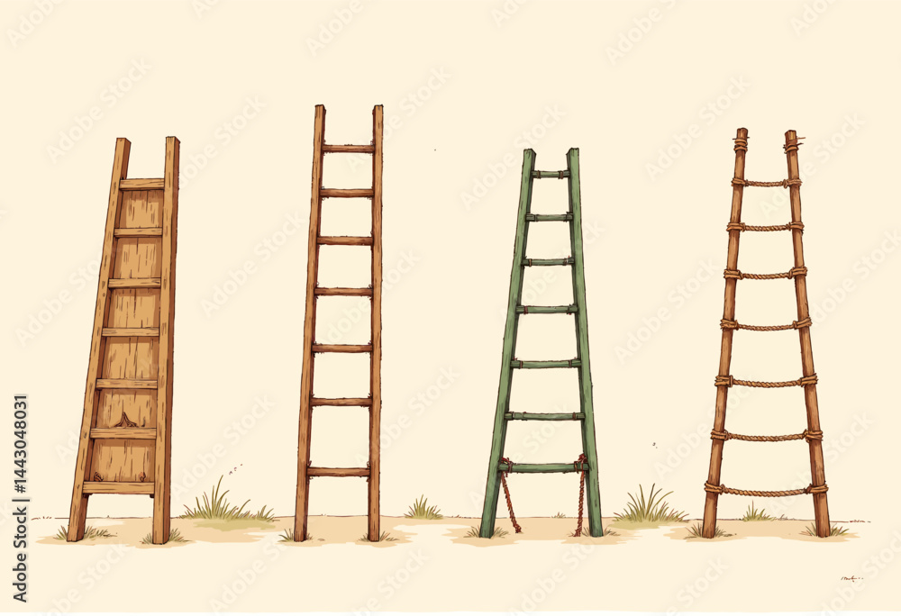 Cartoon Ladders: Wood, Green, and Rope Variations