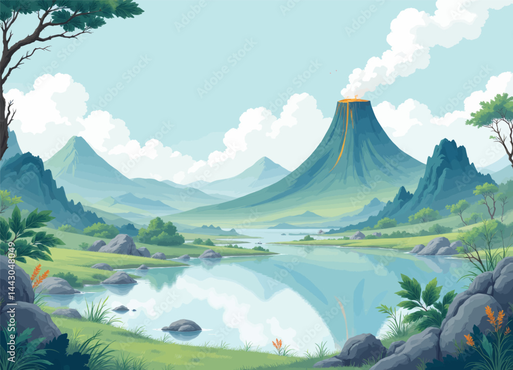 Cartoon Landscape With Volcano, Lake, and Mountains