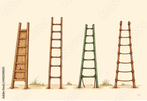 Obraz na płótnie Cartoon Ladders: Wood, Green, and Rope Variations w salonie