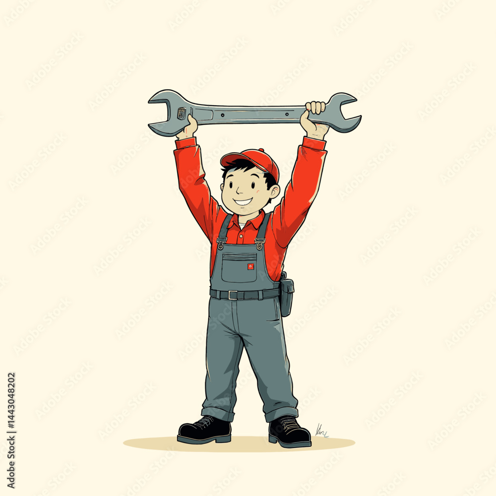 Cartoon handyman cheerfully holding a large wrench overhead