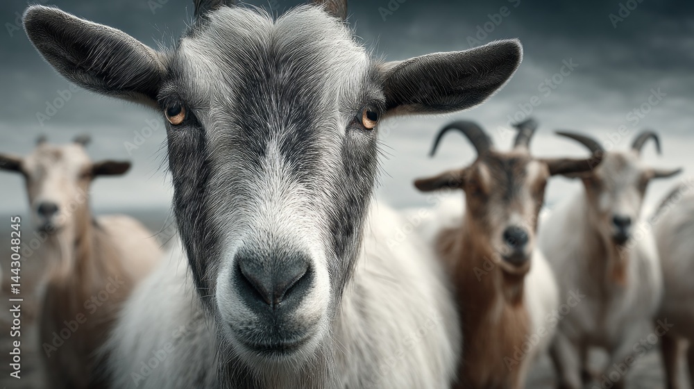 A goat is looking at the camera with its eyes wide open A goat is looking at the camera with its eyes wide open