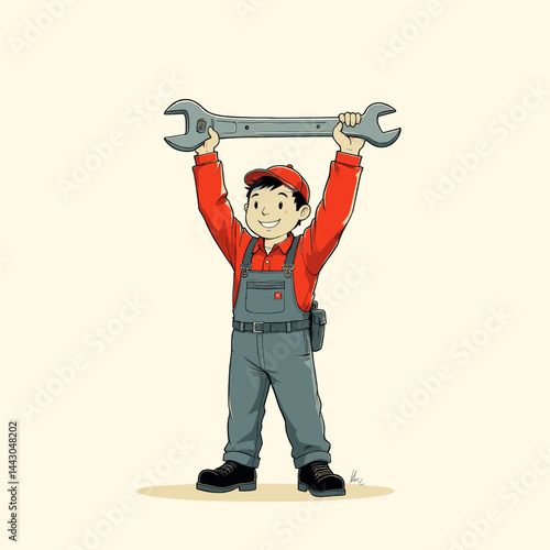 Obraz na płótnie Cartoon handyman cheerfully holding a large wrench overhead w salonie