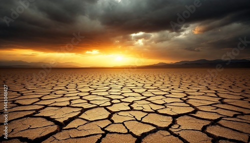 Cracked Earth Landscape at Sunset with Dramatic Clouds and Mountains