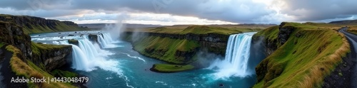 Majestic Skogafoss waterfall panorama, moody summer sky, Iceland , powerful, vista, tourism