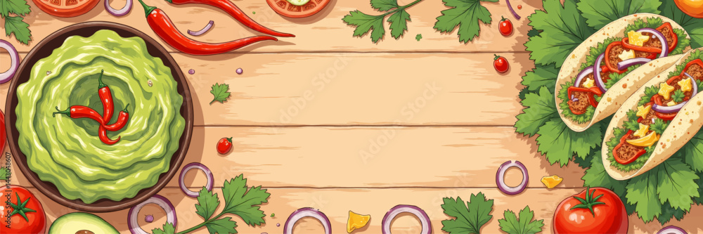 Cartoon Guacamole and Tacos on Wood Table with Copy Space
