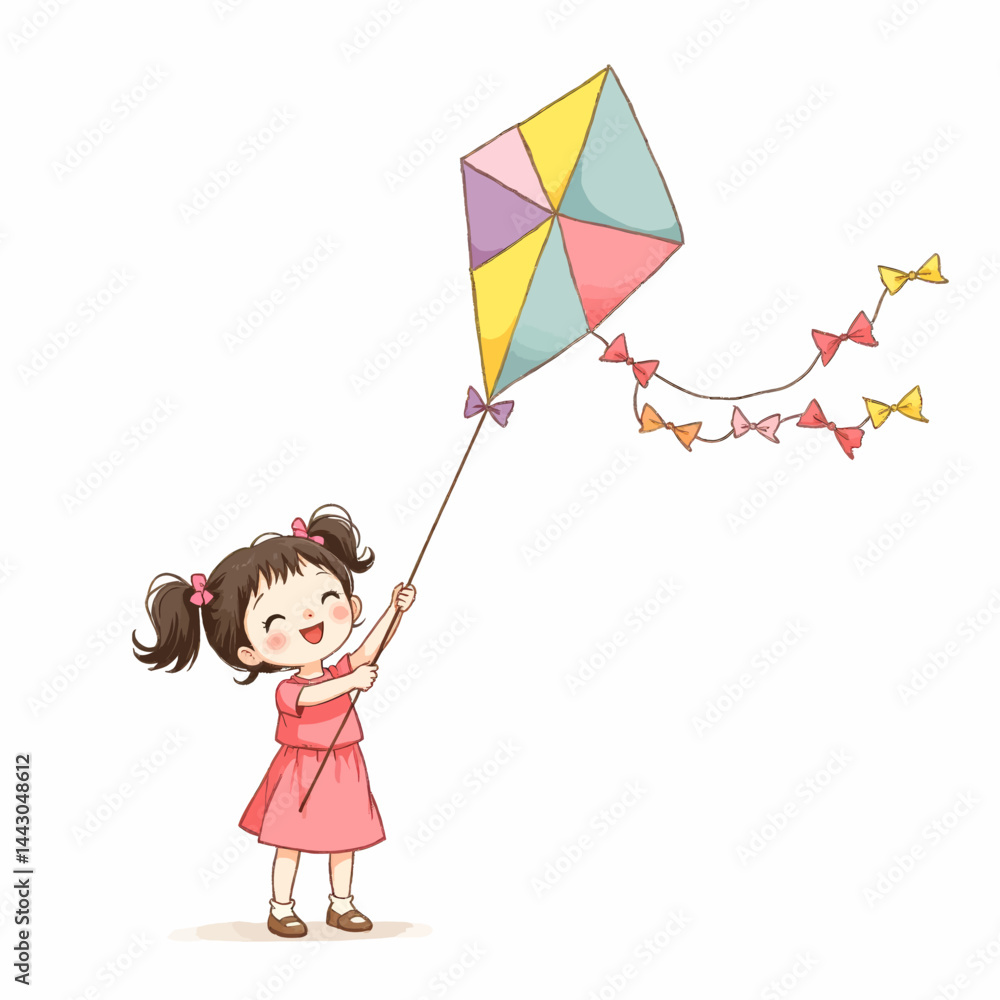 Cartoon girl with pigtails flying a colorful kite