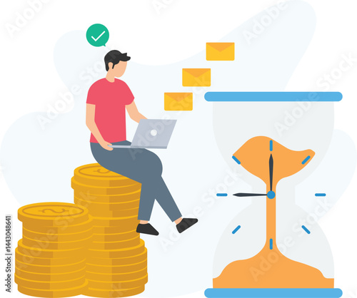 Freelancer is sitting on a pile of coins, using a laptop and sending emails, with an hourglass representing time management and efficient work

