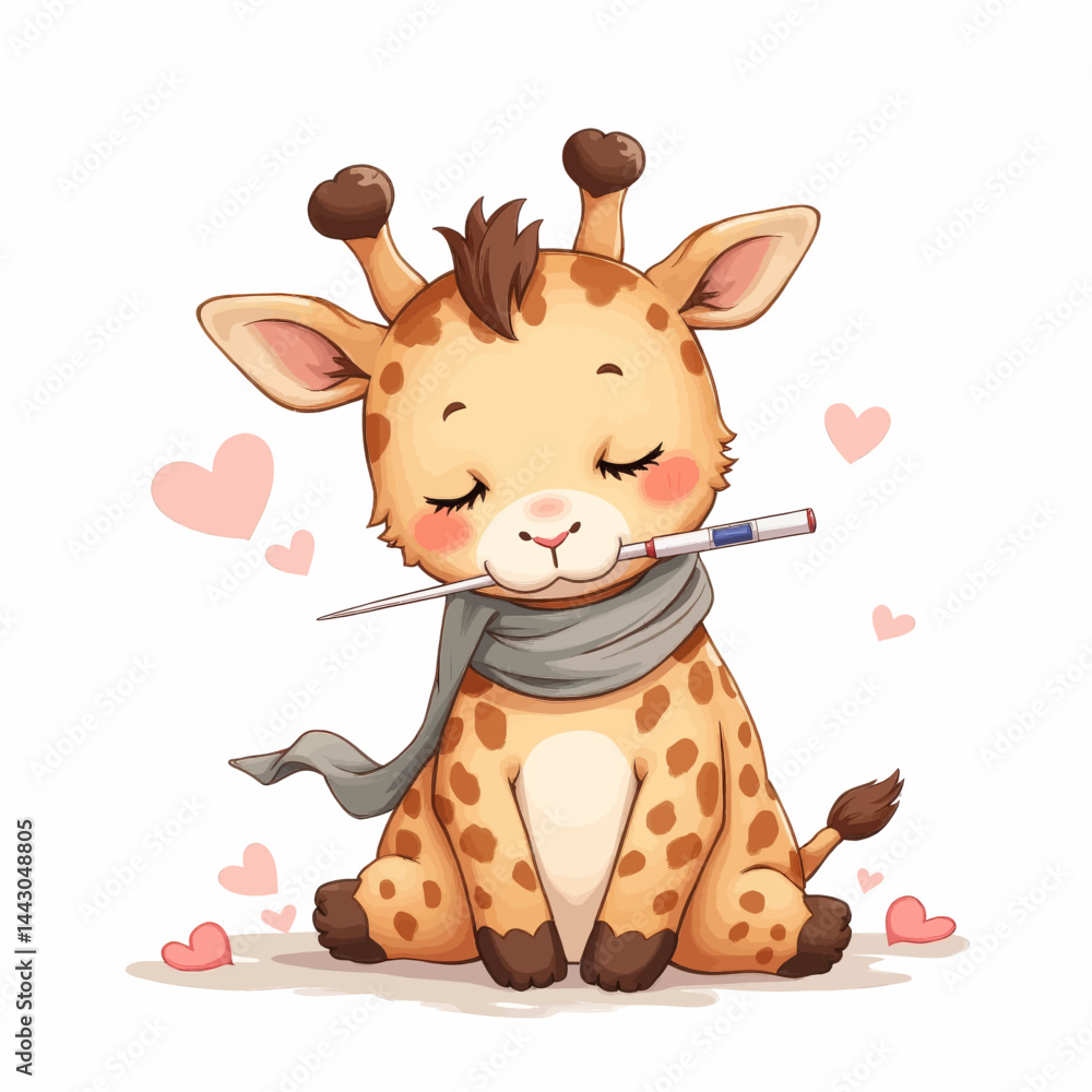 Cartoon giraffe with positive pregnancy test and hearts