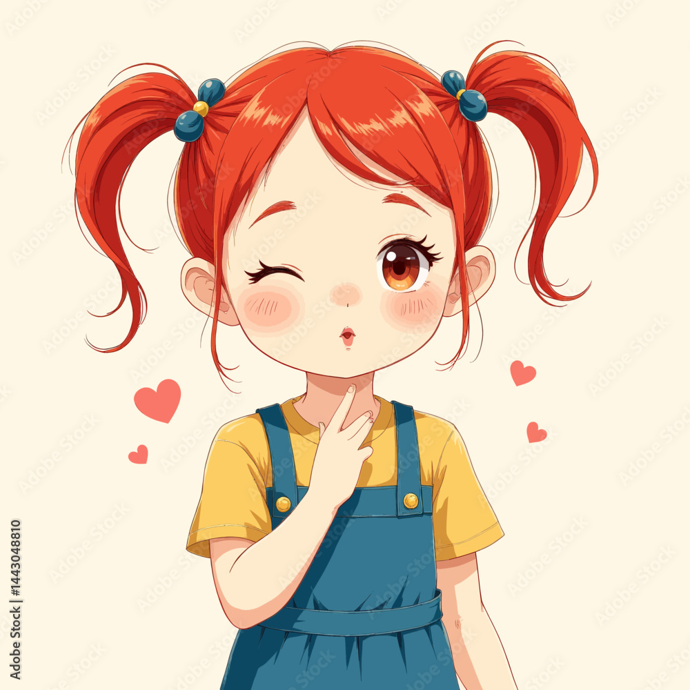 Cartoon girl winking, red hair in pigtails, hearts floating