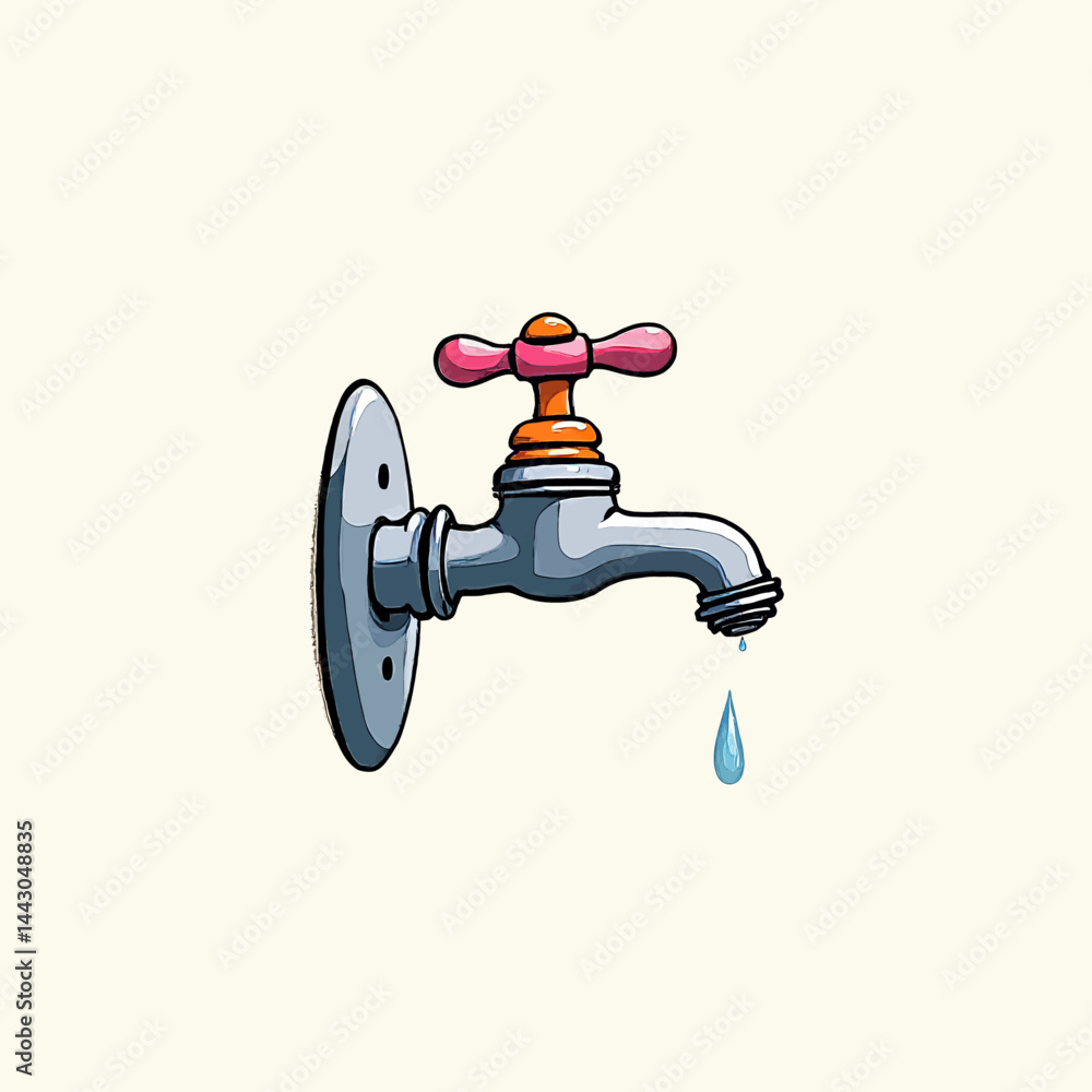 Cartoon faucet with pink handles and dripping water