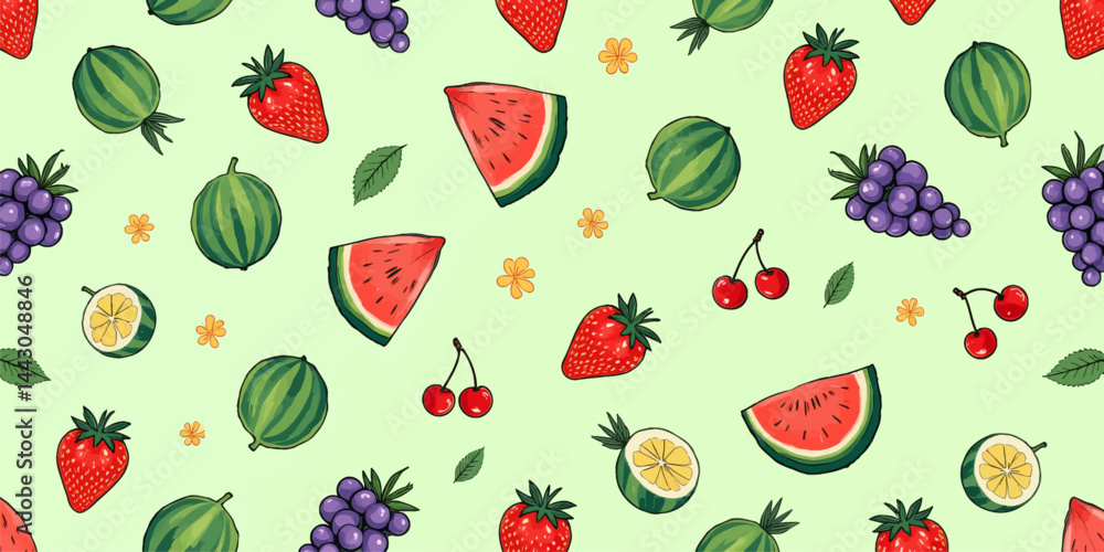Cartoon Fruit Pattern on Light Green Background