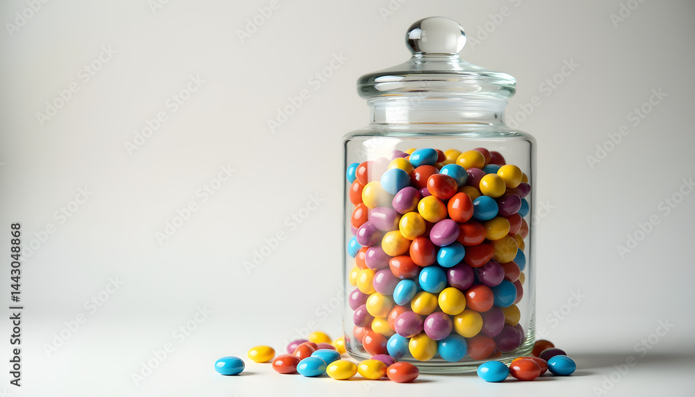 A glass jar filled with lots of colorful candies. A glass jar filled with lots of colorful candies.