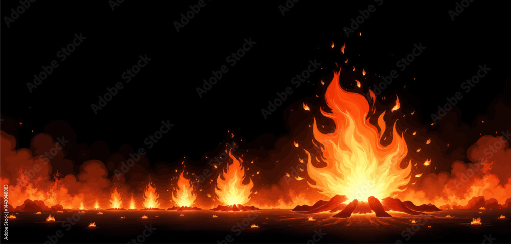 Cartoon Fire Landscape with Smoke and Embers