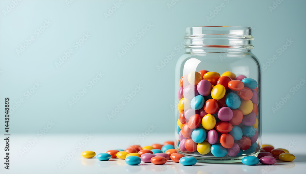 A glass jar filled with colorful candies on a white surface. A glass jar filled with colorful candies on a white surface.
