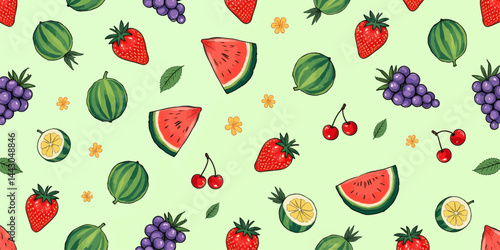 Obraz na płótnie Cartoon Fruit Pattern on Light Green Background w salonie