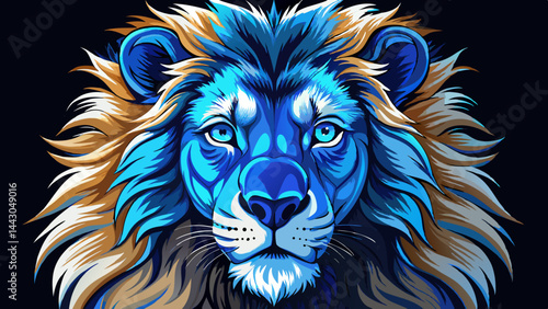 majestic lion with bright blue eyes on black background , high contrast