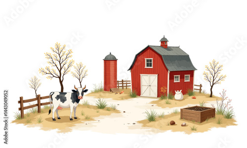 Obraz na płótnie Cartoon Farm Scene with Spotted Cow and Red Barn w salonie