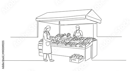Line drawing of market stall with vendors selling fresh produce  