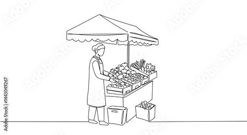 Line drawing of a vendor arranging fresh produce at a market  