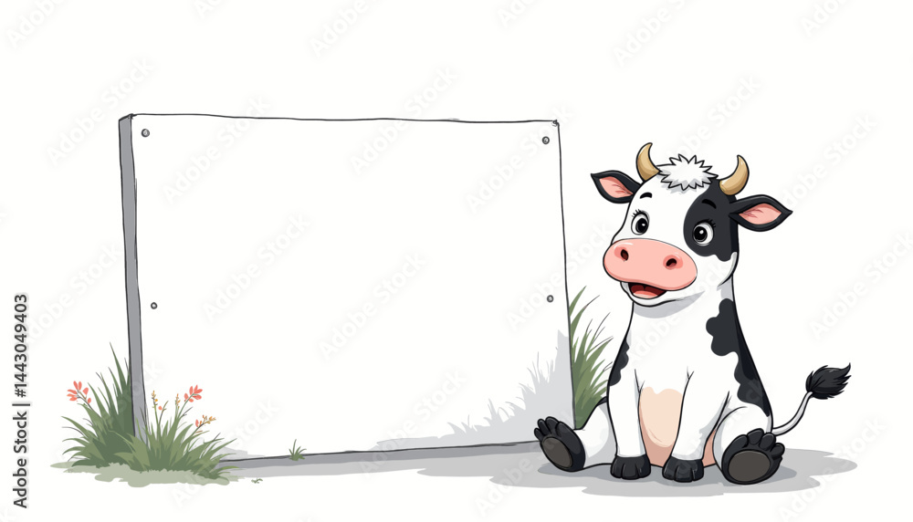 Cartoon Cow with Blank Sign, Room for Text