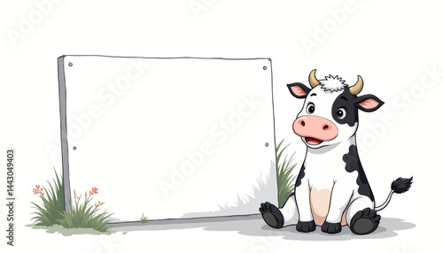 Obraz na płótnie Cartoon Cow with Blank Sign, Room for Text w salonie
