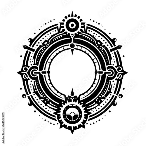 Intricate Abstract Circular Symbol Design Illustration in Black and White