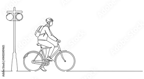 Line drawing of a cyclist riding past a traffic signal  