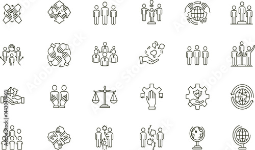 Diversity and inclusion line icon set. Vector pictograms of unity, equality, multicultural collaboration, raised fists, interconnected hands