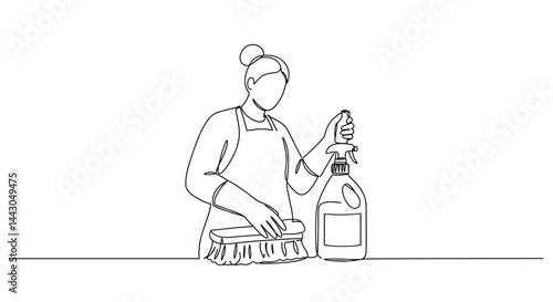 Woman cleaning with spray bottle and brush in minimalist style  