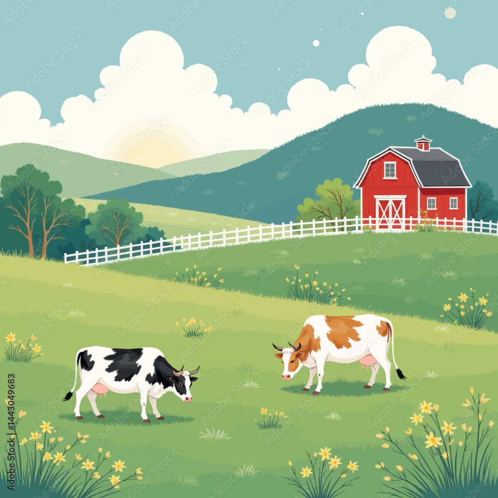 Cartoon cows grazing near red barn on idyllic farm landscape