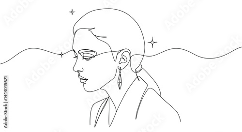 Abstract line art of a woman with earrings in contemplation  