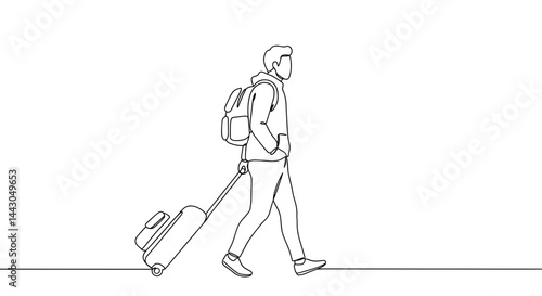 Man walking with suitcase in minimalist line art style  